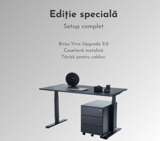 Office pack: Birou reglabil Viva Upgrade 2.0, rollbox metalic cu 3 sertare, tăviță pentru cabluri, negru
